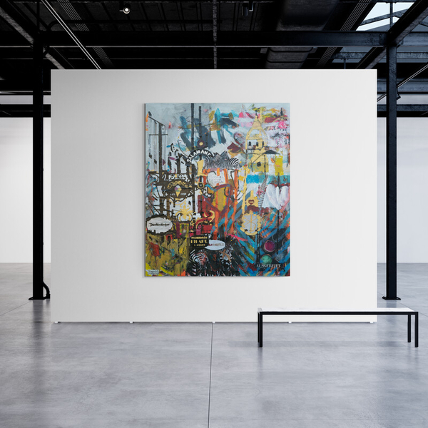 Zeitgenössisches Wandbild im Raum – modernes Kunstwerk inspiriert von der urbanen Kultur von Salzburg.